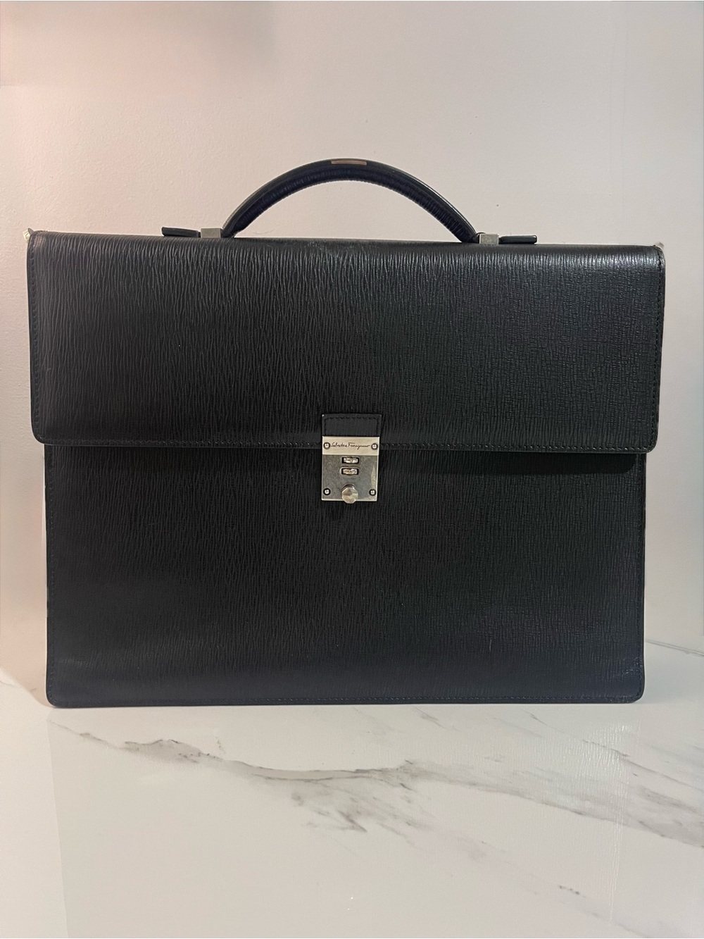 Salvatore Ferragamo Black Textured Leather Briefcase with Silver Hardware